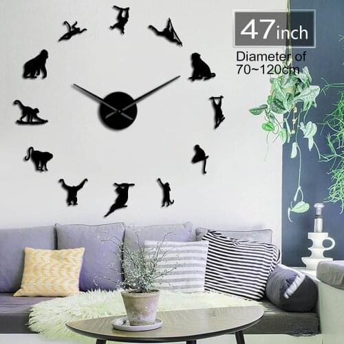 Jungle Animals Wall Art Stickers Orangutan monkey species Giant 3D Wall Clock Kid Room Wall Decor Mirror Effect Clock