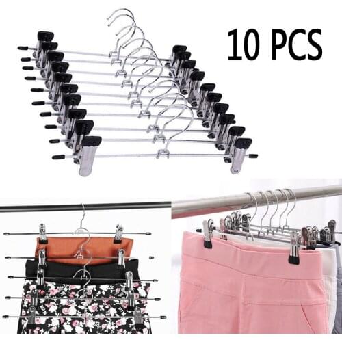 10PCS Stainless steel Metal Pants Skirt Hangers Drying Racks Trouser Stand Holder With 2 Clips Adjustable