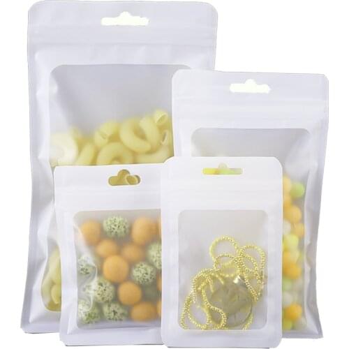 100Pcs White Matte Mylar Foil Zip Lock Clear Plastic Bag with Hang Hole Tear Notch Resealable Reusable Food Snack Candy Pouches