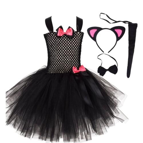 Kids Girl Halloween Costumes 2021 Children Animal Black Cat Dress Baby Girls Birthday Outfits Toddler Dresses with Headband Set