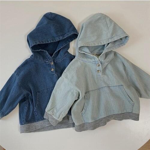 Childrens Korean autumn new top Fashion knitted stitched hooded large pocket denim top kid coat girl coats baby boy clothing