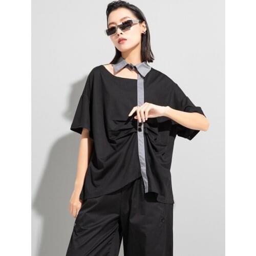 Designer 2021 summer care machine open neck shirt collar fashion T-shirt personalized pleated loose casual top