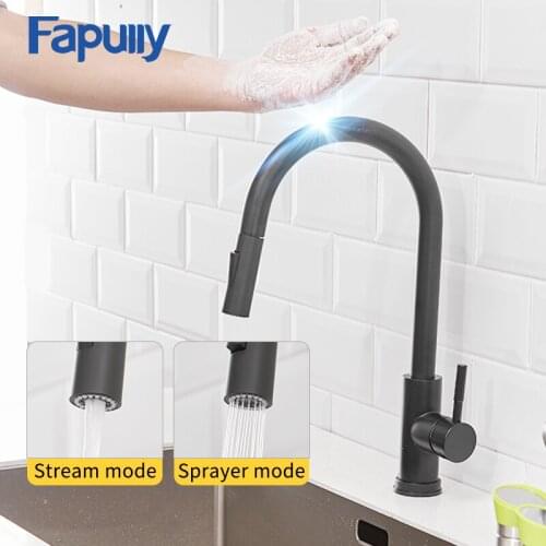 Fapully Touch Inductive Sensitive Faucet Black Brushed Gold Stainless Steel Sensor Hot and Cold Kitchen Tap Dual Outlet Water