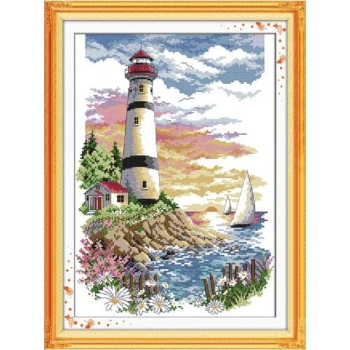 Lighthouse Seaside Scenery Painting 11CT Counted Printed On Canvas DMC 14CT Chinese Cross Stitch kits Embroidery Needlework Sets