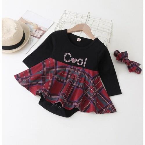 Fashion Baby Girl Romper Letter Patchwork Plaid Long Sleeve Baby Girl Jumpsuit Dress Party Baby Girl Clothes Winter Fall 0-18M