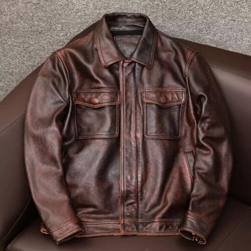 2021 Spring Autumn Men Genuine Jacket Vintage Brown Men Motorcycle Leather Jacket Plus Size 6XL Genuine Cowhide Biker Coat A201