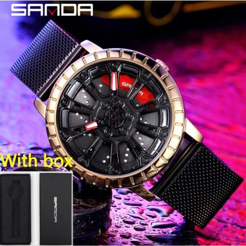 SANDA Men Trend Car Rim Hub Watch Custom Design Car Quartz Wristwatch Waterproof Steel grid Wheel Rim Rotating Dial Relogio