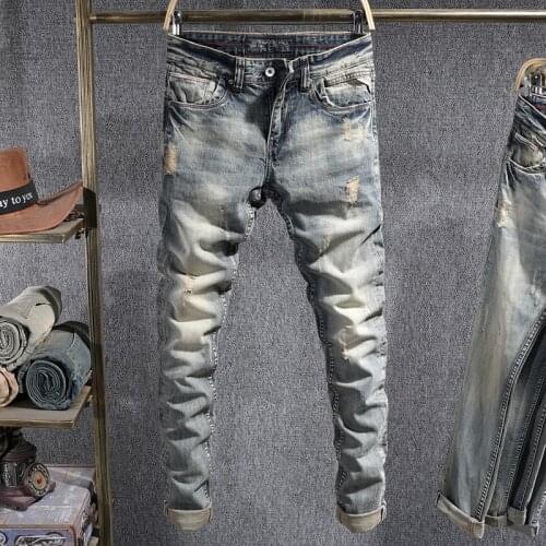 Newly Vintage Fashion Men Jeans High Quality Retro Yellow Blue Slim Fit Ripped Jeans Men Distressed Designer Casual Denim Pants