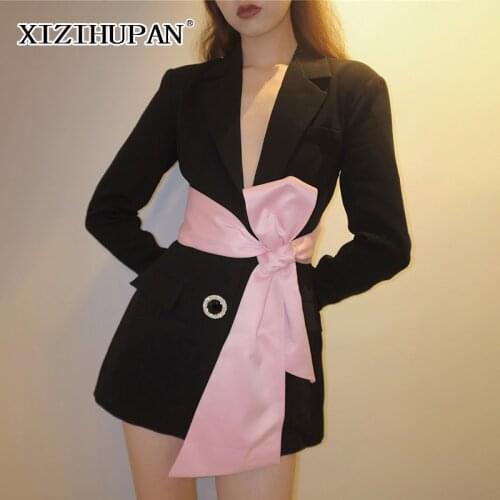 XIZIHUPAN Sexy Colorblock Lace Up Bowknot Womens Coat Notched Long Sleeve Open Back Loose Female Blazer 2021 Fashion Clothing