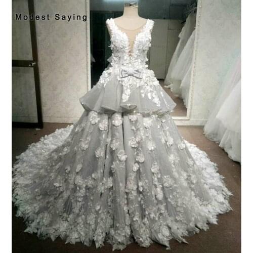 Luxury Silver and Ivory Ball Gown Flowers Embroidery Lace Wedding Dress 2018 Cathedral Train Sexy Nude Illusion Back Bridal Gown