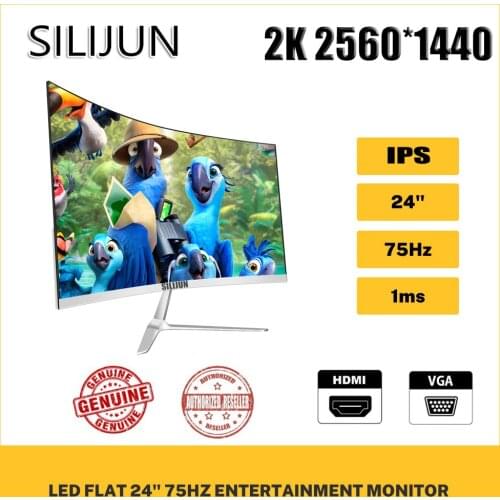 SILIJUN 24 Inch 2K Display Curved Screen Computer Monitor PC 75Hz HD Gaming VGA HDMI 24 Inch Flat Panel portable monitor