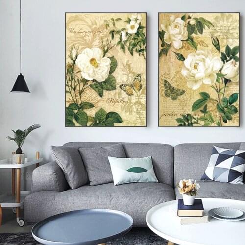 Nordic Poster Retro White Flowers Bird Canvas Paintings Modular Pictures for Living Room Home Decoration Wall Art Prints
