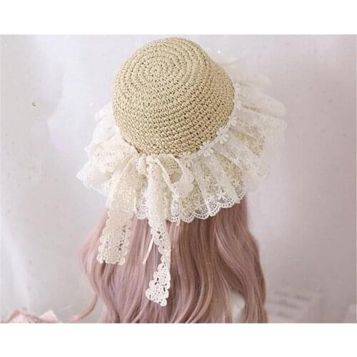 Lolita Princess Lace trim Bow Straw Hat Mori Girl Summer Straw Hats Women Beach Sun Hat B1310