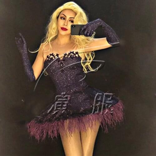 Modern Nightclub Dress Female Singer Dj Ds Feather Skirt Tutu Gloves Set Women Party Celebrate Stage Performance Costume DWY1355