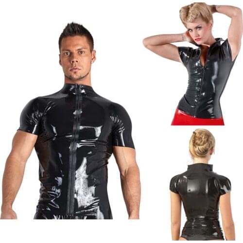 Mens and Women Imitation Leather Short-Sleeved Sweatshirt Zipper Shirt Nightclub Stage Ds Costumes Tight T-Shirt