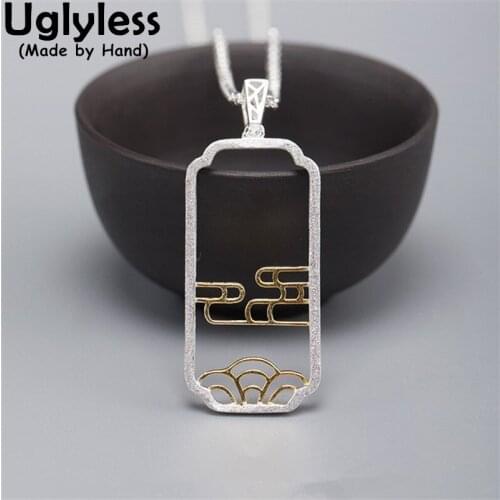 Uglyless Vintage Hollow Square Pendants Necklaces for Women Ethnic Grilles China Chic Jewelry 925 Silver Exotic Necklace NOChain