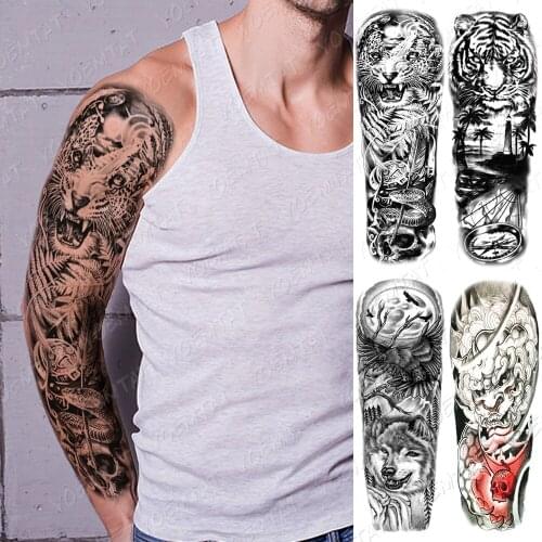 Waterproof Temporary Full Arm Tattoo Sticker Tiger Wolf Snake Fierce Animal Flash Tattoos Man Body Art Fake Sleeve Tatto Female