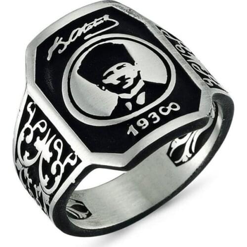 Handmade Octagonal Atatürk Portraits Zircon Man Silver Ring, Octagonal Zircon Silver Men Ring