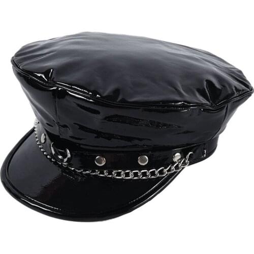 Women Leather Military Cap Punk Chian Rivet Decorate Sailor Hat Flat Cap
