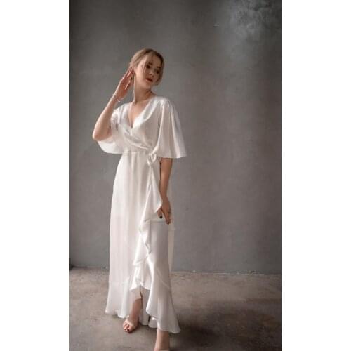 Womens Nightdress Sexy Long LaceLingerie Bath Robe Gown Imitation Ice Silk Nightdress Solid Color Gown Nightwear