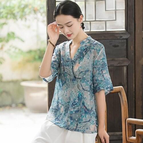 Women Spring Summer Retro Buckle Shirt Top Chinese National Style Linen Blouse Short Sleeve Floral Print Cheongsam Shirts 10553