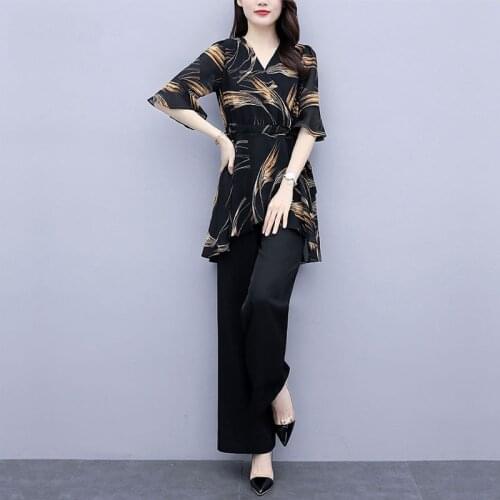 Women Summer Digital Printed Chiffon Blouse Loose-Fitting Drawstring Lace-Up Belt Wide-Leg Pants Two-Piece Set Mom Suits Fashion