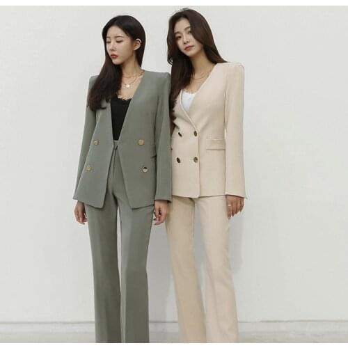 Spring and Autumn Womens Office Suit V-Neck Green Two-Piece Sets Female Blazer Girly Elegant Temperament Pantsuit Setup Ladies