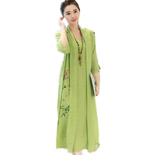2021 Kimono soft cotton linen long women summer dress vintage print floral Ethnic sundress Robe plus size loose midi dress