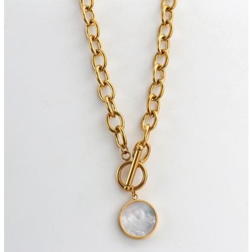 AENSOA Golden Stainless Steel White Shell Pendant Necklace Titanium Steel Punk Collar Necklace Womens Fashion Jewelry Feminina