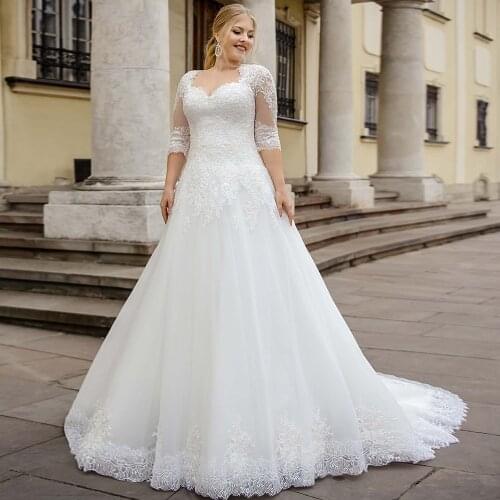 Plus Size A-line Wedding Dress 2021 Sweetheart Half Sleeveless Lace Chapel Train Tulle Bridal Gown with Applique