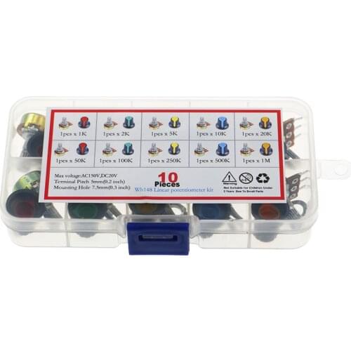 10Pcs WH148 3pin Single Potentiometer Kit B1K/B2K/5K/10K/20K/50K/100K/500K/1M with knobs Single potentiometer set Shaft Nuts BOX