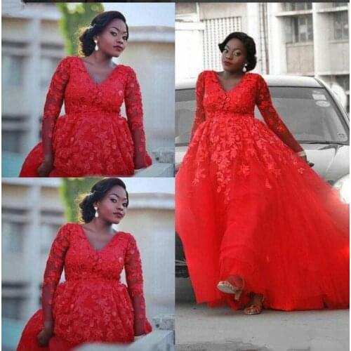 2020 Red A Line Wedding Dresses 3D Floral Lace Applique Floor Length Tulle Long Sleeves African Plus Size bridal Wedding Gown
