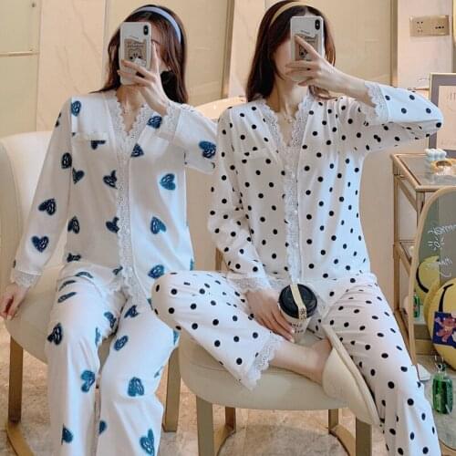 2020 Autumn Cotton Print Long Sleeve Pajama Sets Women Cute Lace V-neck Sleepwear Suit Pyjama Homewear Pijama Mujer Home Clothes