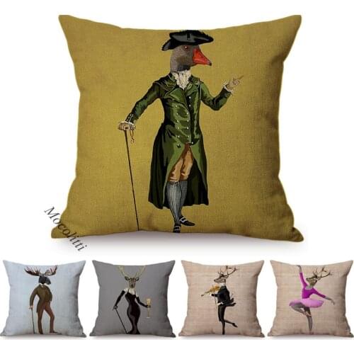 Animal Portrait Style Decorative Cushion Cover Deer Wear Clothes Dance Ballet Pattern Cotton Linen Square Sofa Throw Pillow Case
