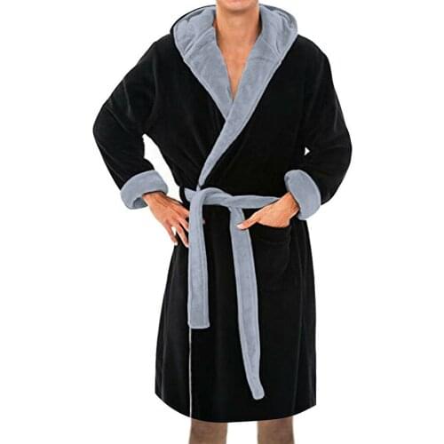 Mens Robe Pocket Solid Color Men Long Robe Luxury Full Sleeve Winter Plush Lengthened Hooded Sashes Bathrobe 5XL