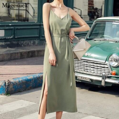 Elegant Belt Party Women Slip Dress Summer 2021 Sexy Fashion Long Dresses Solid V-Neck Split Beach Chiffon Dress Vestidos 14564