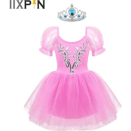IIXPIN Girls Ballet Dress Dancewear Ballet Tutu Short Puff Sleeves Sequins Applique Mesh Tutu Dress Ballet Dance Costume Kids
