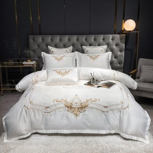 White Satin Washed Silk/Cotton Bedding Set Luxury Palace Gold Embroidery Duvet Cover Flat/Fitted Sheet Pillowcases Home Textiles