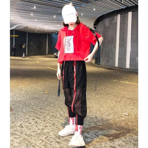 Summer New Sale Hot Short Sleeve Shoulder Ribbons Letter Patten With Hood T-Shirt+Net Yarn ZIP Harlan Long Pants 2-pieces Sets