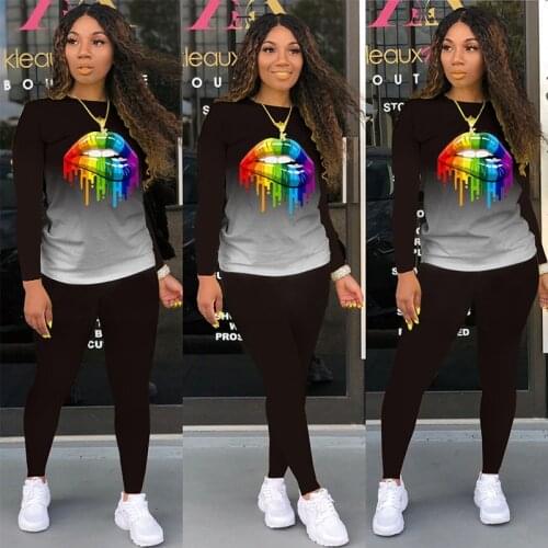 TNNAOFF Plus Size Gradient Lip Print 2 Piece Tracksuits Women Set Long Sleeve T Shirt Sexy Sweatpants Lounge Wear Matching Sets