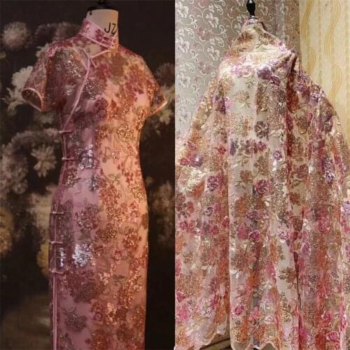 Lace249 Pink Sequins Flower Mesh See-through Embroidery Lace Summer Dress Cheongsam Designers Choose Fabric DIY Materials