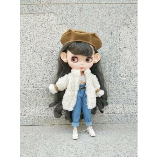 Blythes doll dress 1/6 size fashion white lamb hair slimming coat + khaki versatile hat new classic 2 piece suit