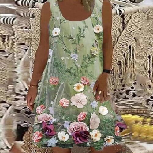 Summer Loose Dress New Casual Flower Print Sexy Sleeveless O-neck A-line Fashion Spaghetti Strap All-Match Mini Dress For 2021