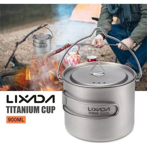 Lixada Portable Hanging Camping Pot 900ml Titanium Cup Pot Water Cup with Lid Foldable Handle Picnic Outdoor Cookware Tableware