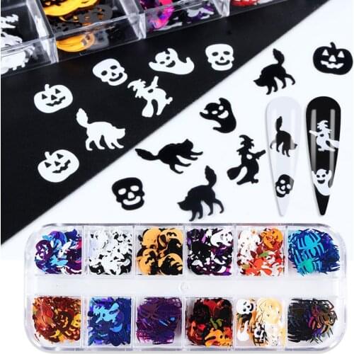 Halloween Series Mix Laser Nail Sequins Spiders Witch Bat Ghost Pumpkin Skull Glitter Flake Kit Professional for Nail Supplies