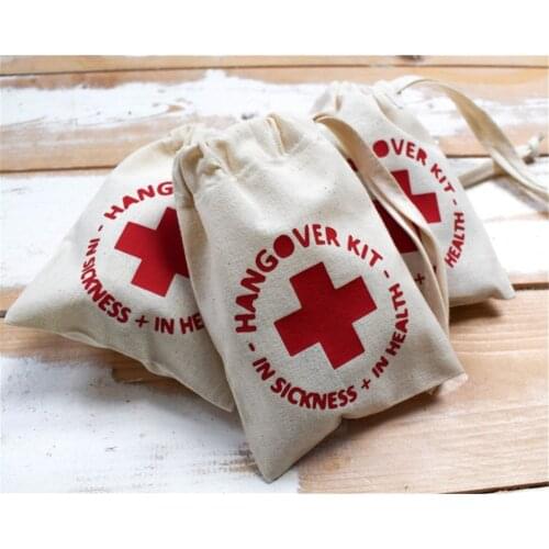 Custom WEDDING Cotton Survival Recovery Kit Bridesmaid HANGOVERS KIT hessian bag In holographic gift bag hen Weekend Favours bag