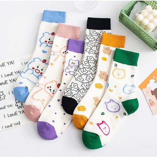 New Cartoon Womens Breathable Cotton Socks White Cute Bear Lovely Animal Pattern Girl Sock Female Sox Harajuku Steetwear Soks