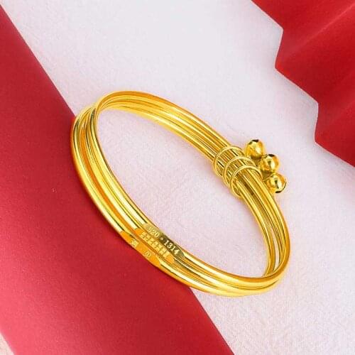 Wholesale price pure gold color Three Circles with Chinese Words bracelet & bangle for women,Love Gold Filled Bells Bracelet