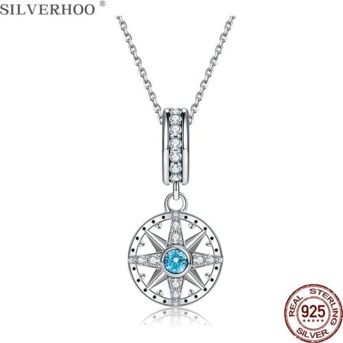 SILVERHOO 925 Sterling Silver Necklace Eight Point Star Pendant Necklace Blue Cubic Zirconia Jewelry Round Cute Hot Selling Gift