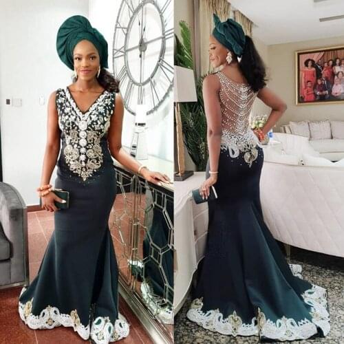 Mermaid Prom Dresses Appliqued V Neck African Evening Gowns Green Satin Satin Sweep Train Formal Party Dress